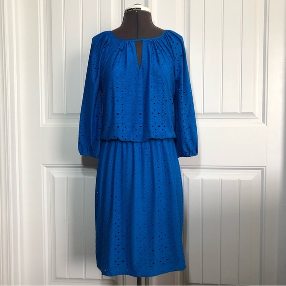 London Times 3/4 Sleeve Jersey Front Keyhole Blue Perforated Line Dress 6 - Picture 3 of 11
